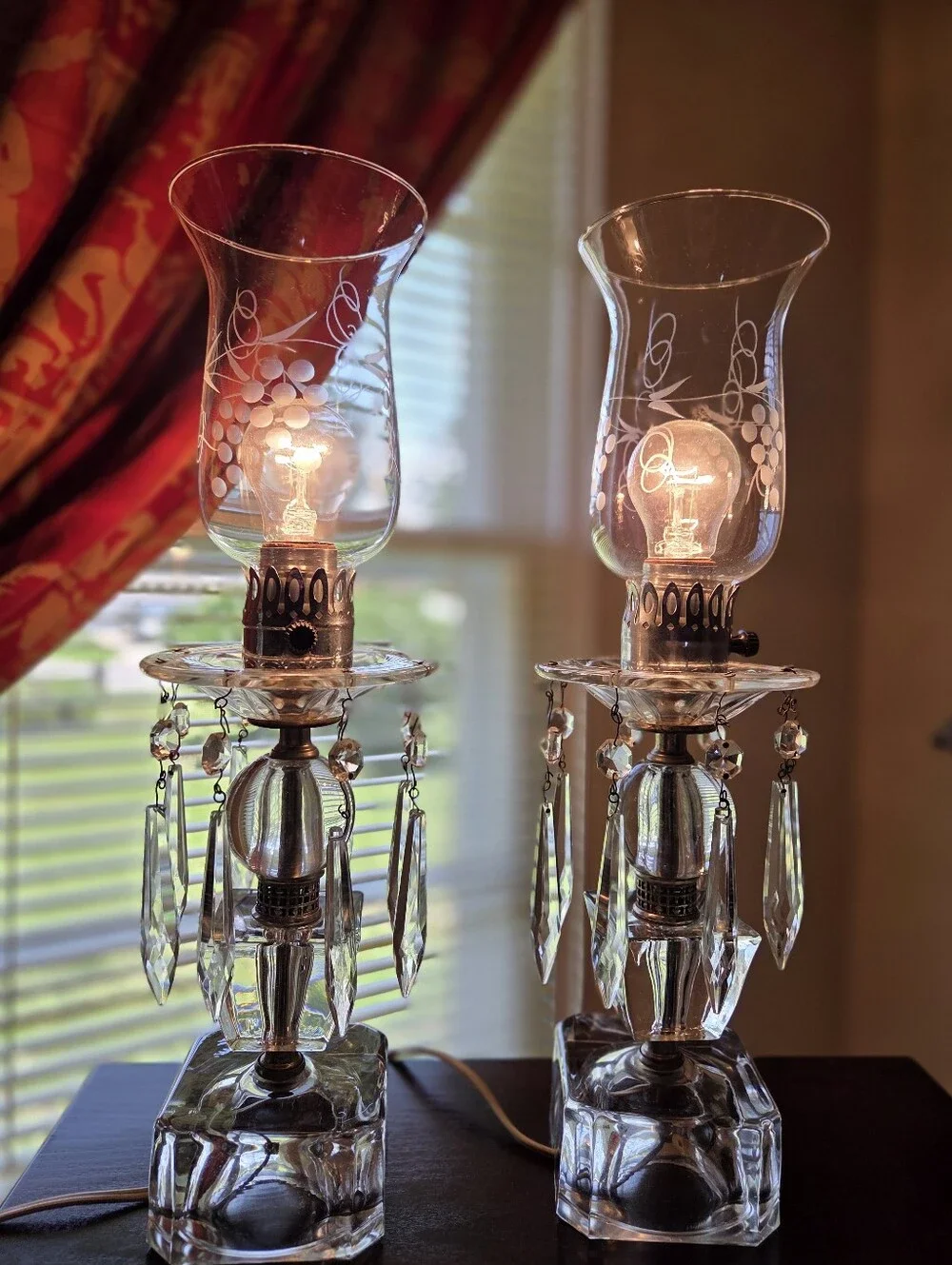 Vintage /Antique Pair of Boudoir Mantle Crystal Prisms Hurricane Table Lamps